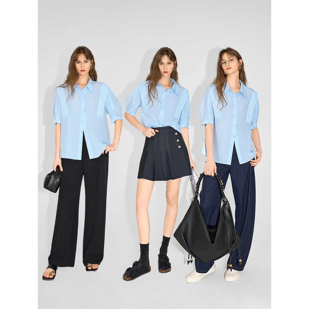 1502贝茜妮法式复古撞色短袖衬衫女新款衬衣气质上衣