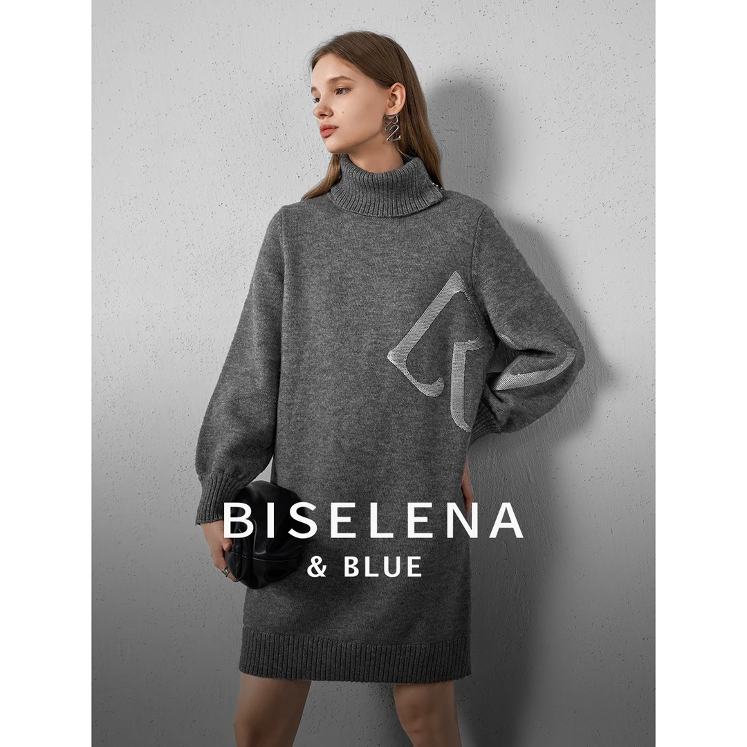 3672贝茜妮法式慵懒气质针织2023冬新款设计感高领毛衣裙子