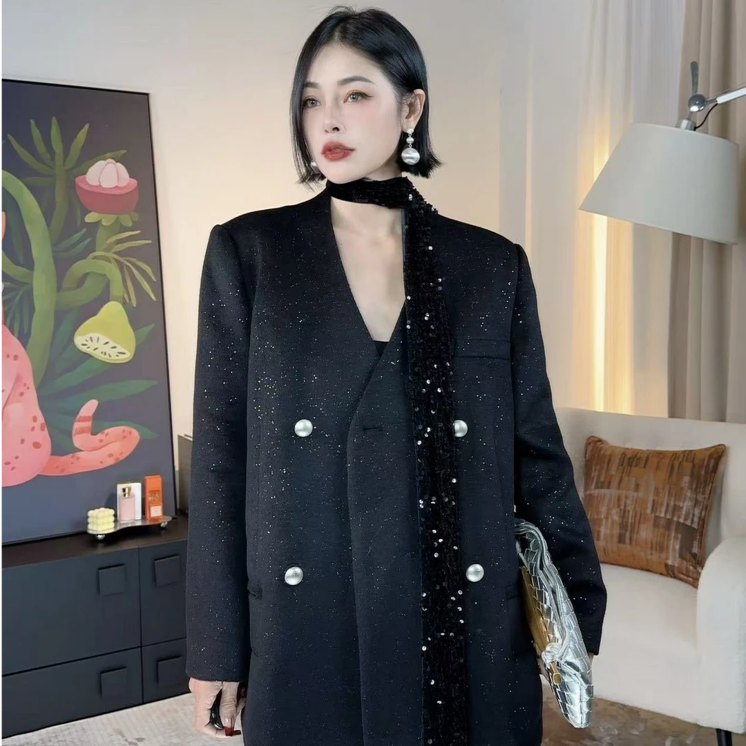 【羽绒服】羊毛大衣高定细闪流光黑金重奢宽松保暖