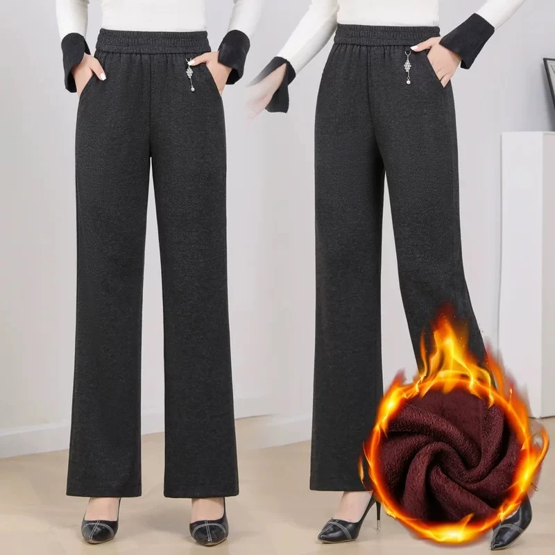 2024新款加厚/加绒直筒裤宽松显瘦松紧腰人字纹