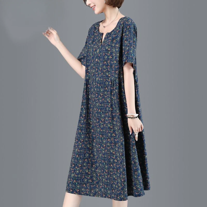 棉麻连衣裙女中长款2020夏装新款大码胖mm遮肚子复古宽松碎花裙子