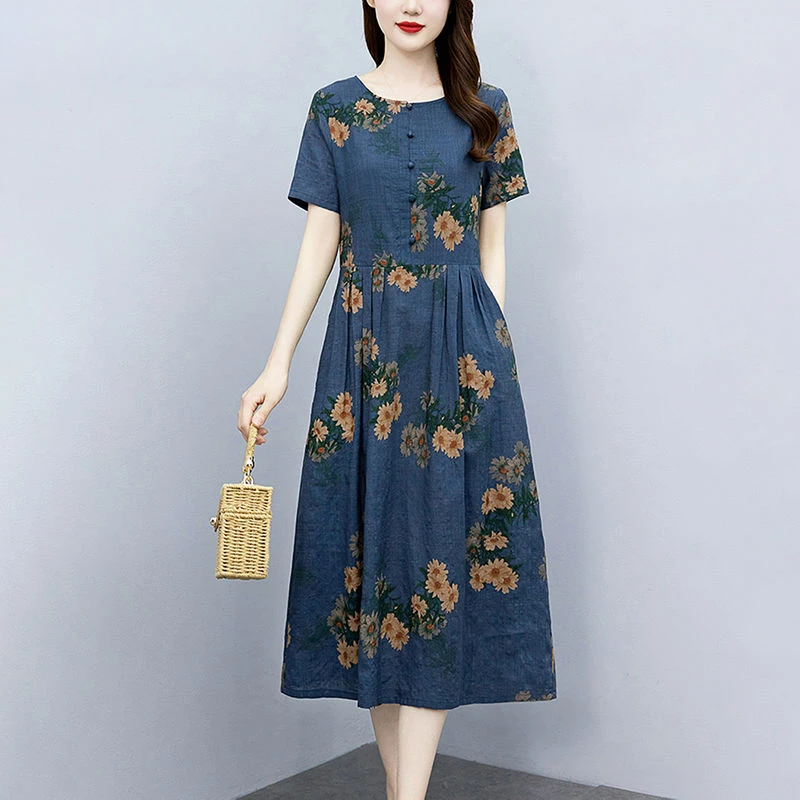 棉麻连衣裙女2023夏季新款韩版时尚气质显瘦高档碎花中长款a字裙