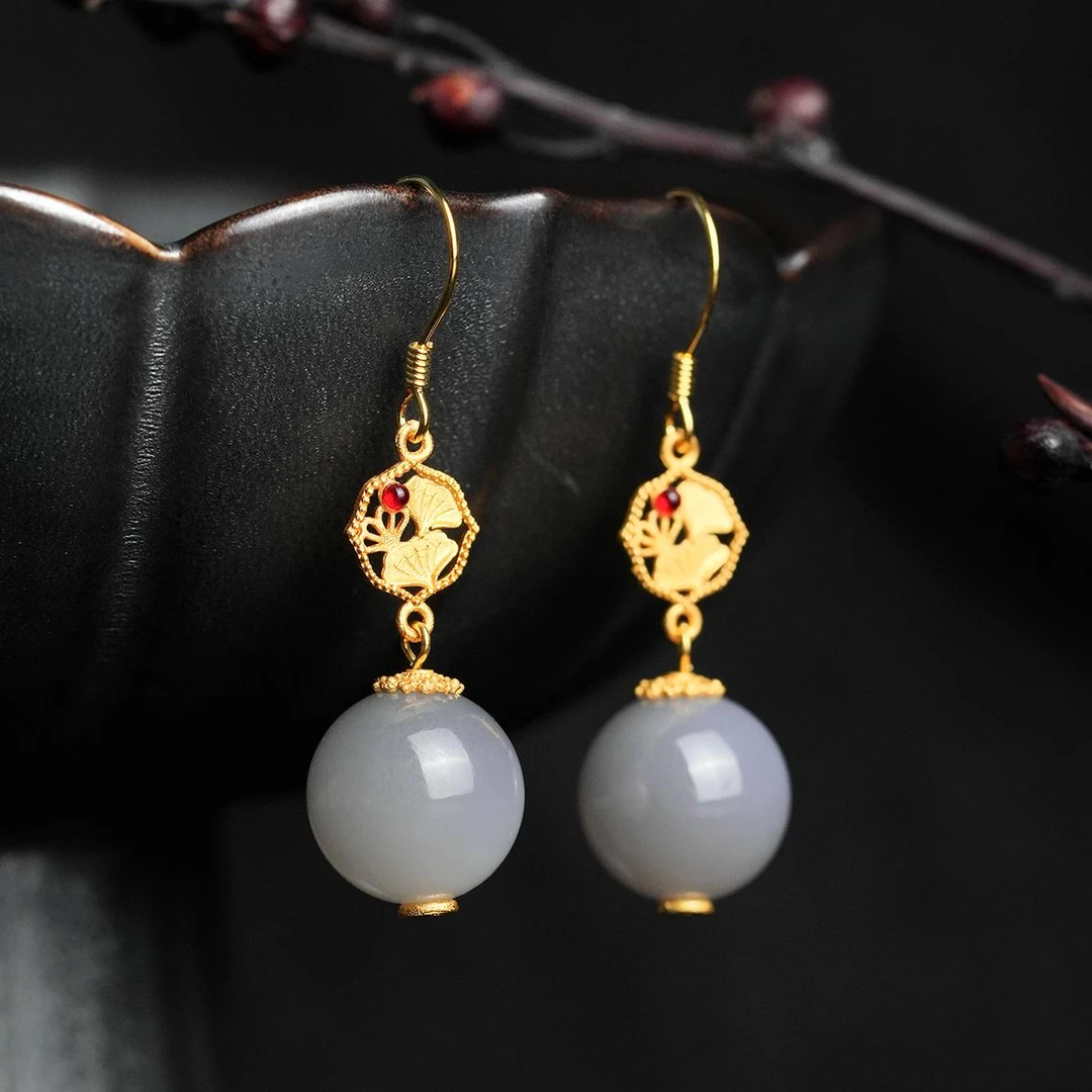 烟紫12mm圆珠耳饰仙气优雅S925银镶嵌和田玉耳饰