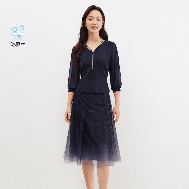 珂莱蒂尔【早春新款】星空连衣裙渐变弹力中长款显瘦冰丝针织连衣裙