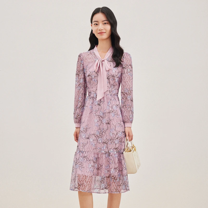 【珂莱蒂尔Koradior】新款粉色蕾丝气质时尚优雅设计感裙子KF09562