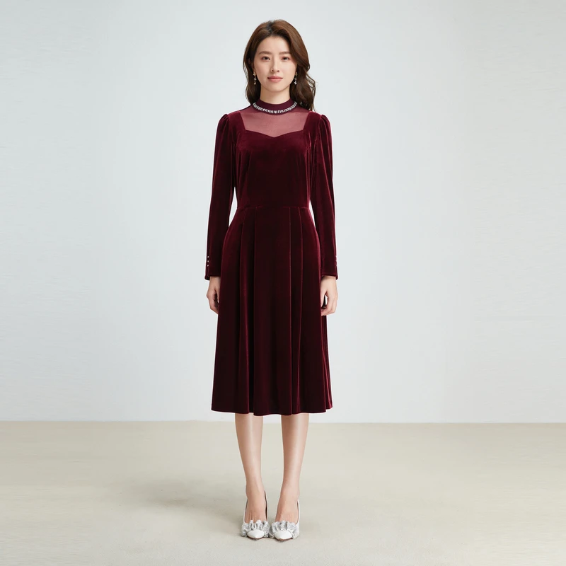 【琥珀流光】珂莱蒂尔商场同款丝绒网纱重工钉珠钉钻优雅连衣裙