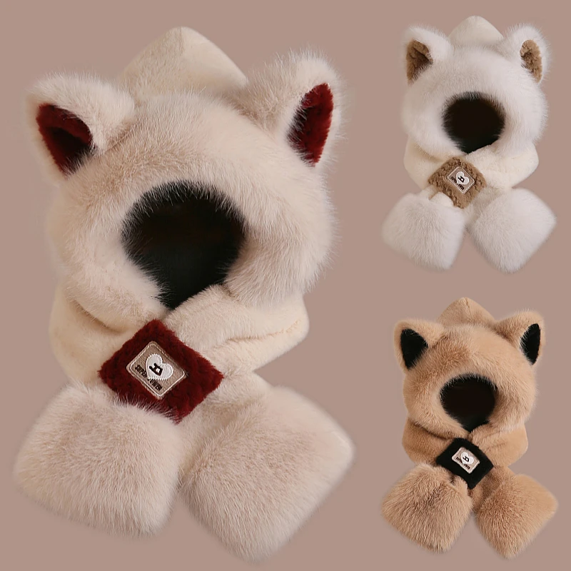 冬季可爱毛绒帽子围巾一体女加厚保暖冬天护耳围脖2025新款小熊帽