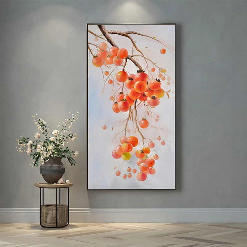 手绘油画《柿柿如意》新中式入户走廊过道挂画轻奢原木风玄关装饰画