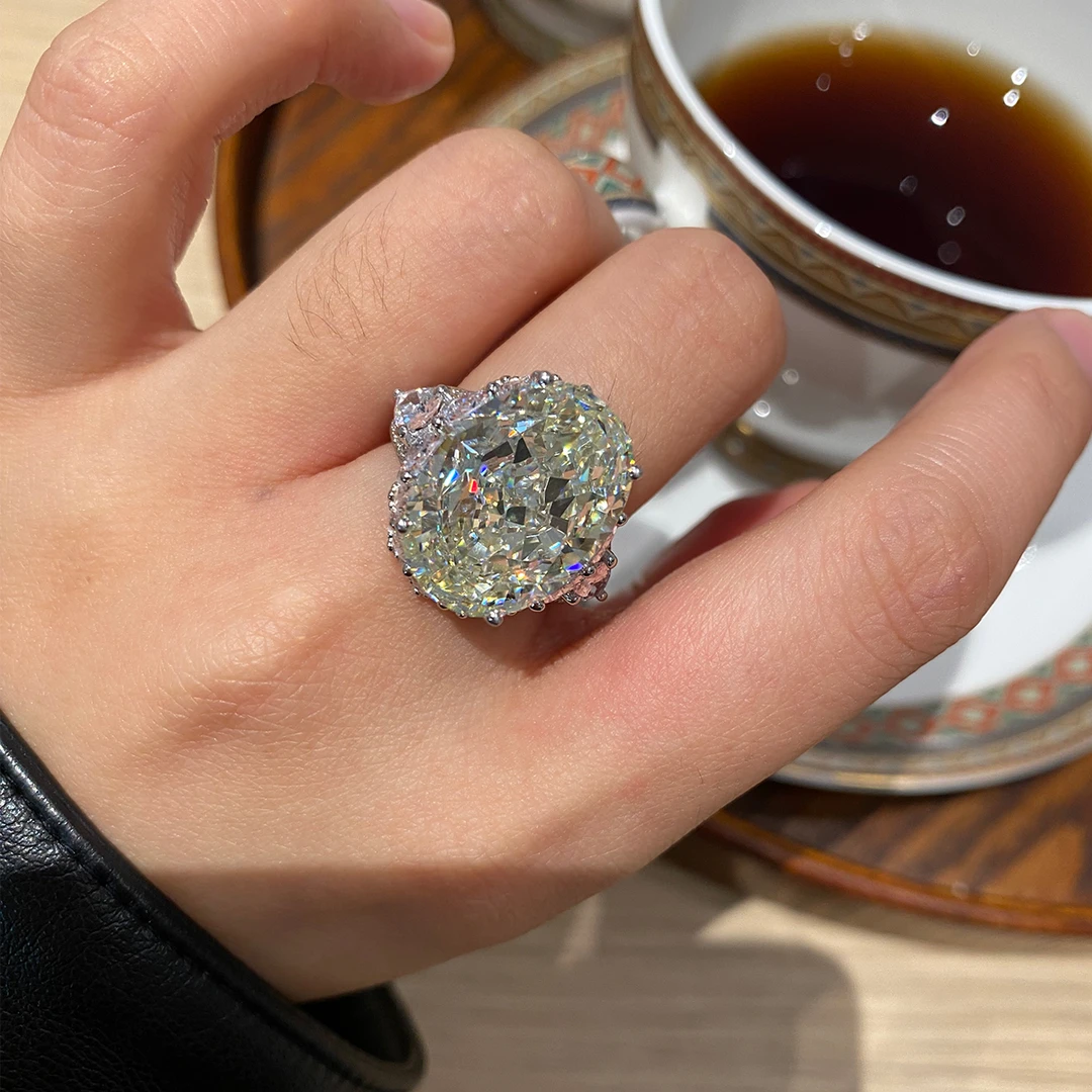 Elyzabear 925银合成锆石戒指 10克拉奢华豪华大鸽子蛋女戒银戒