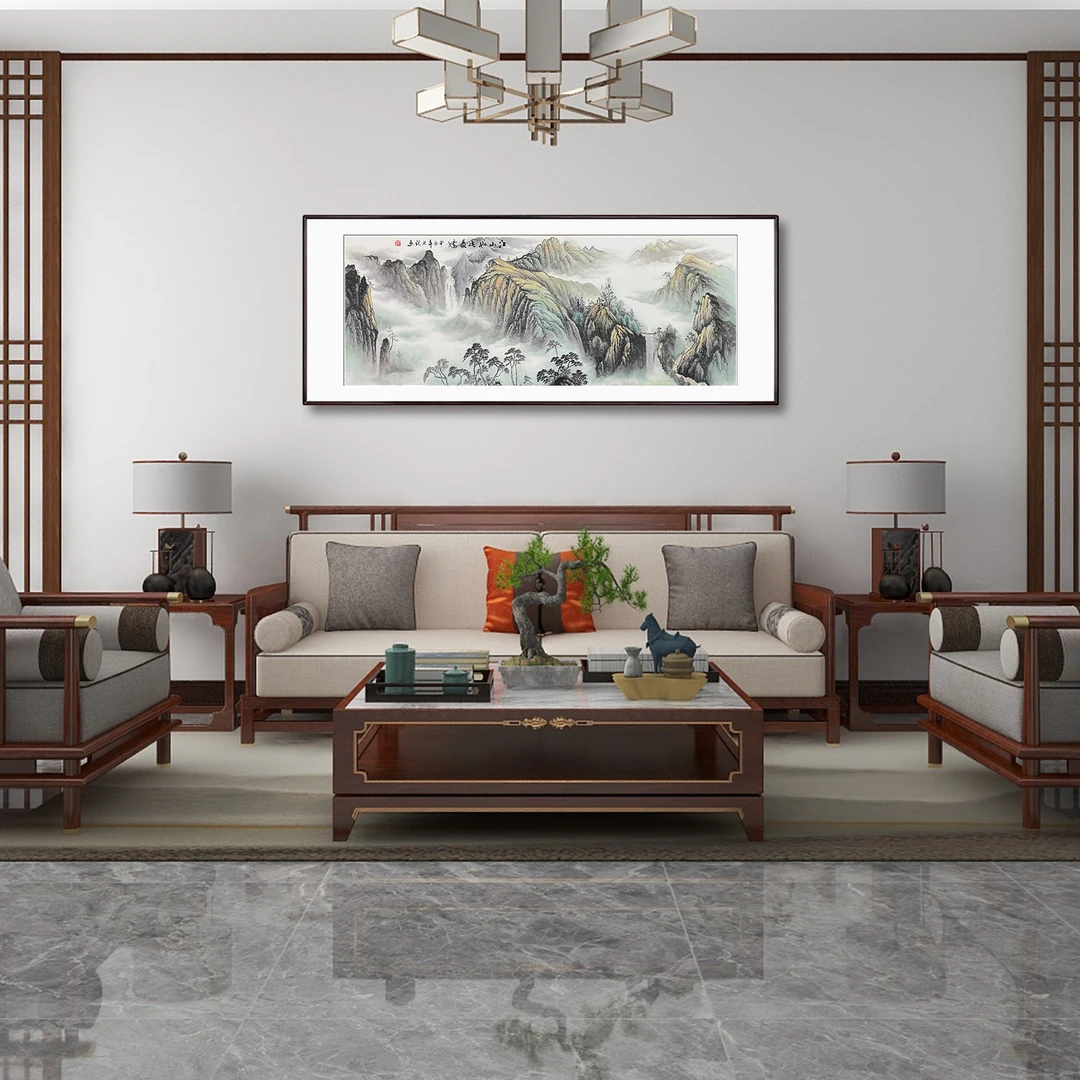 手绘【江山如此多娇】装框后：219*88CM国画山水画客厅办公室挂画