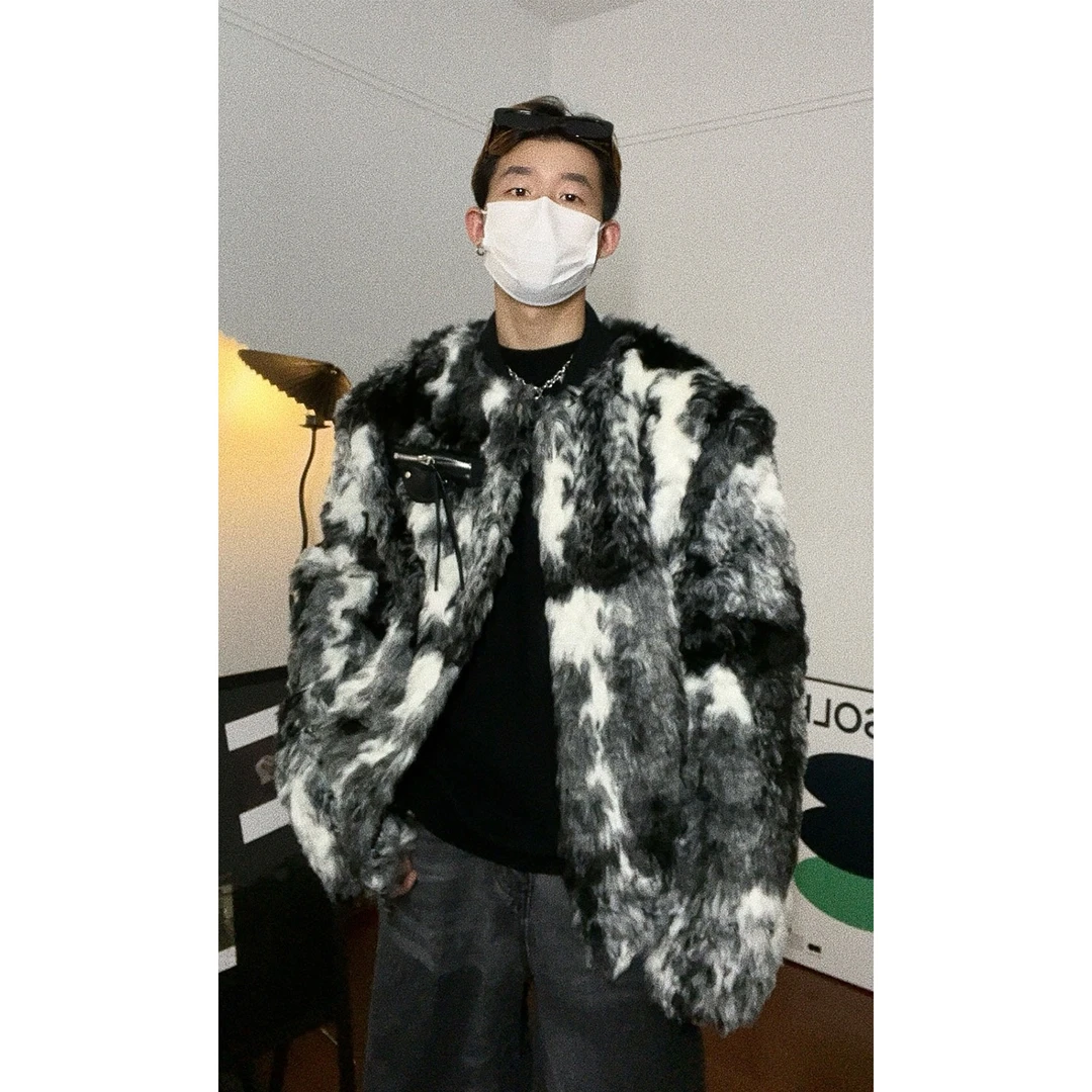 尹政贤秋冬黑标系列黑白撞色扎染复古毛绒夹克外套男潮流宽松上衣