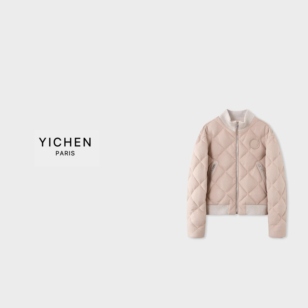 YC 卡其色菱形格拼皮徽标保暖热力感款鹅绒服-4036