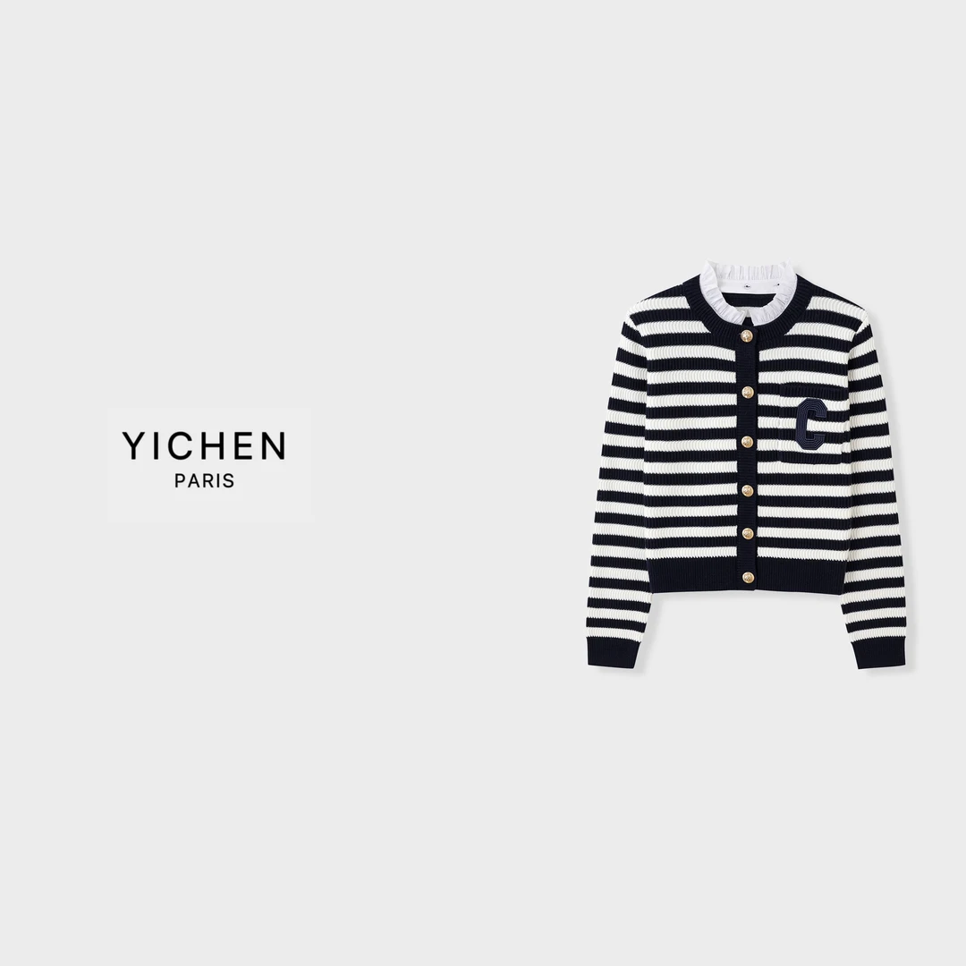 YC 刺绣徽标条纹学院风单排扣针织外套-2861