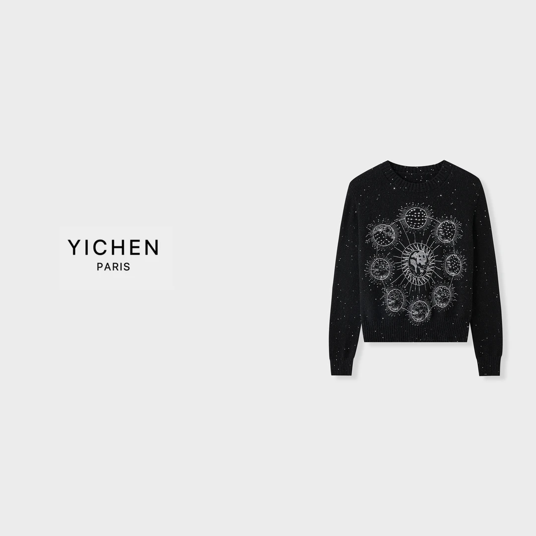 YC 星球系列刺绣亮片纱圆领套头毛衣 -2817