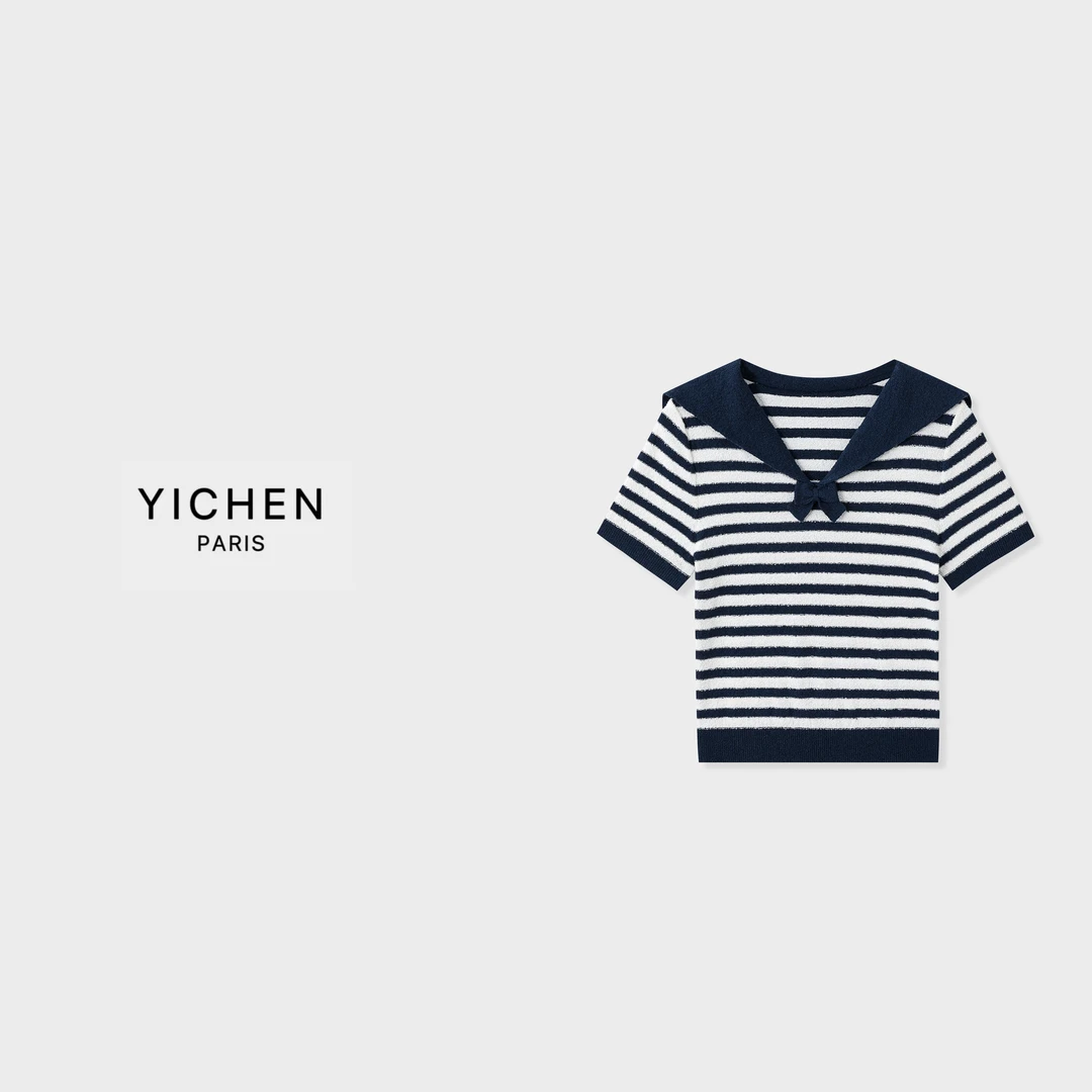 YC 藏蓝色条纹海军风蝴蝶结装饰洋气针织衫短袖-2600
