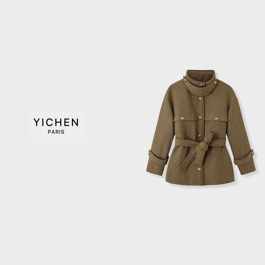 YC 深咖色立领双口袋装饰单排扣系带羽绒服外套-4064