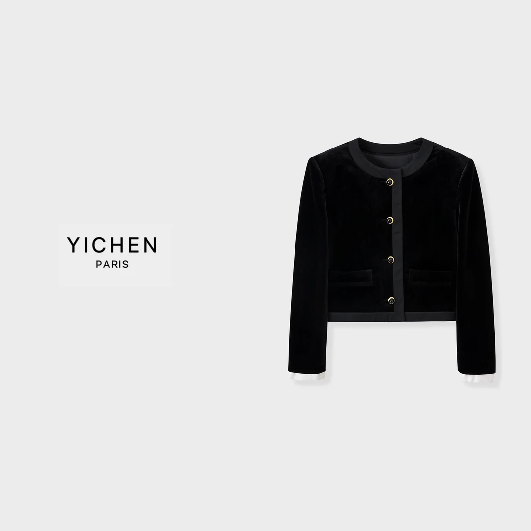YC 缎面拼接丝绒花边单排扣圆领短外套-1733