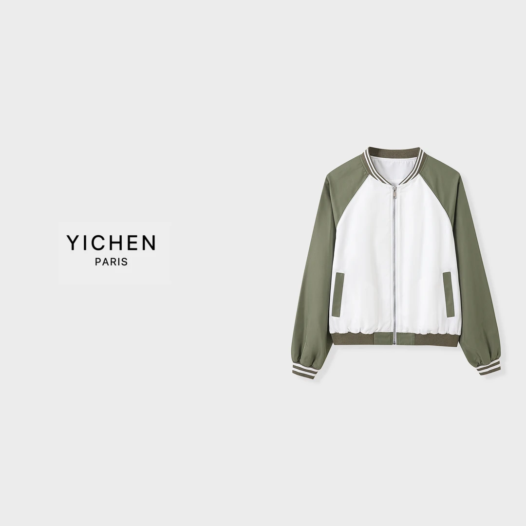 YC 拼接撞色橄榄绿插肩袖休闲棒球服短外套-1727
