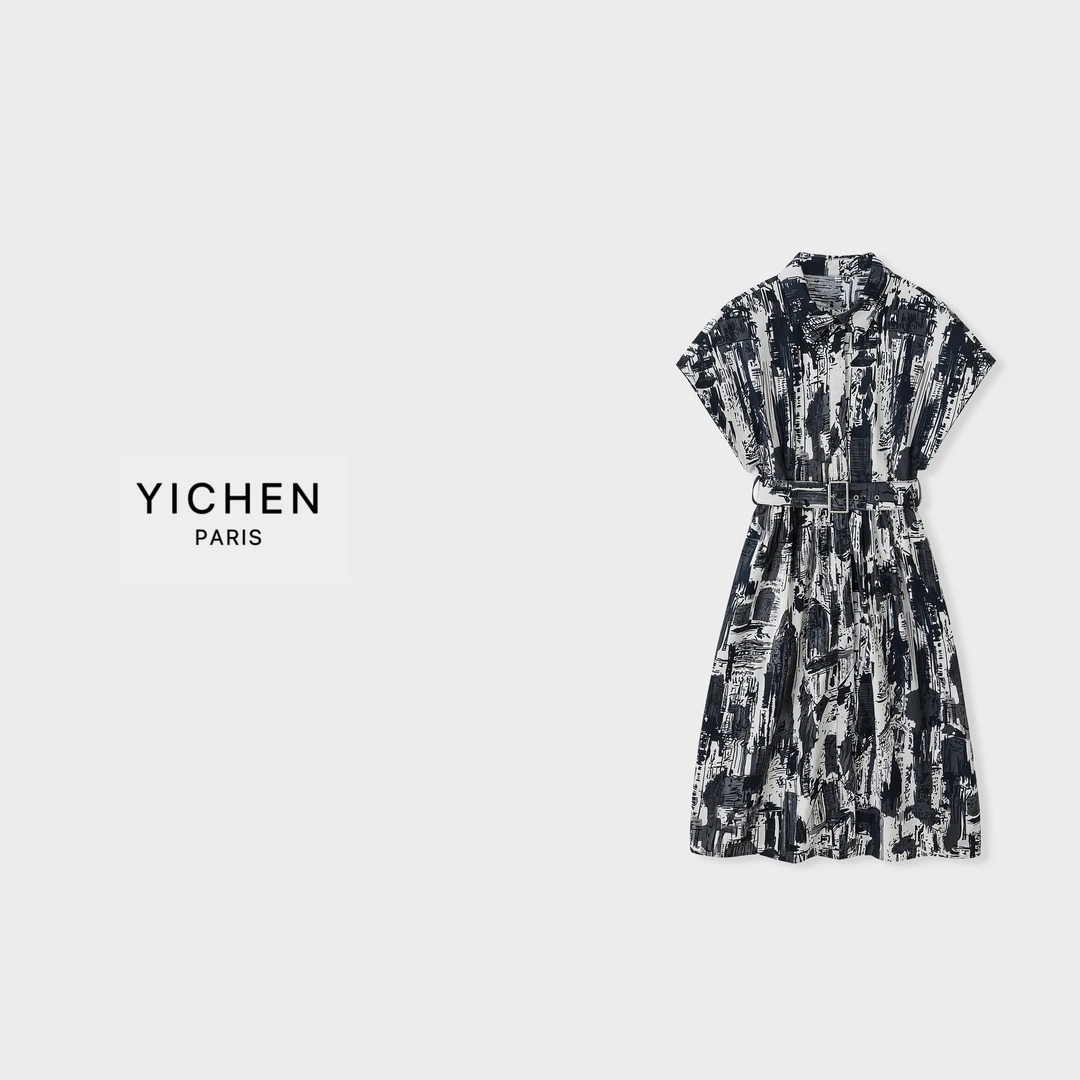 YC 水墨画图案印花腰带款收腰修身显瘦女装衬衫裙-1554