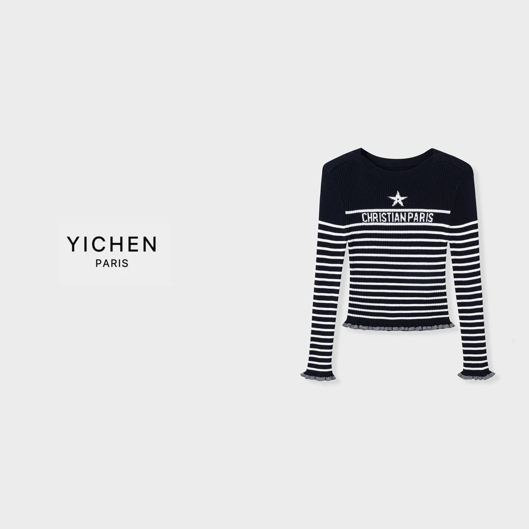 YC 藏蓝色条纹幸运星系列字母刺绣荷叶花边条纹款打底衫-2150