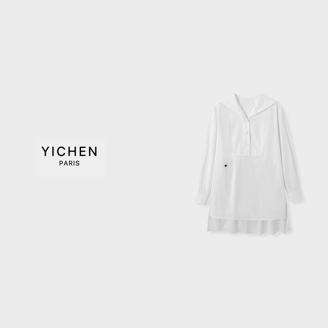 YC 海军风拼接蜜蜂徽标刺绣不规则衬衫连衣裙-1749