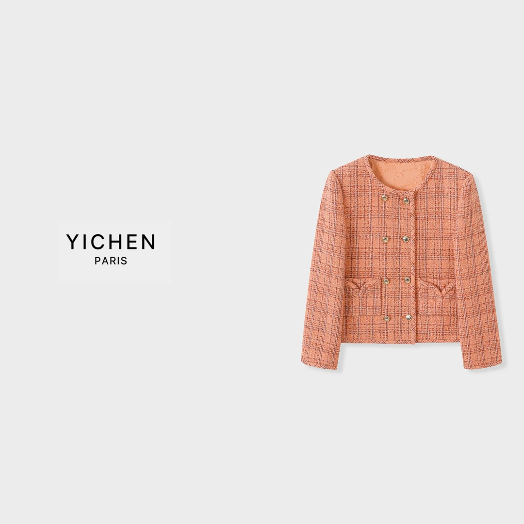YC 橘粉色流苏格纹软花呢双排扣口袋短外套-1691