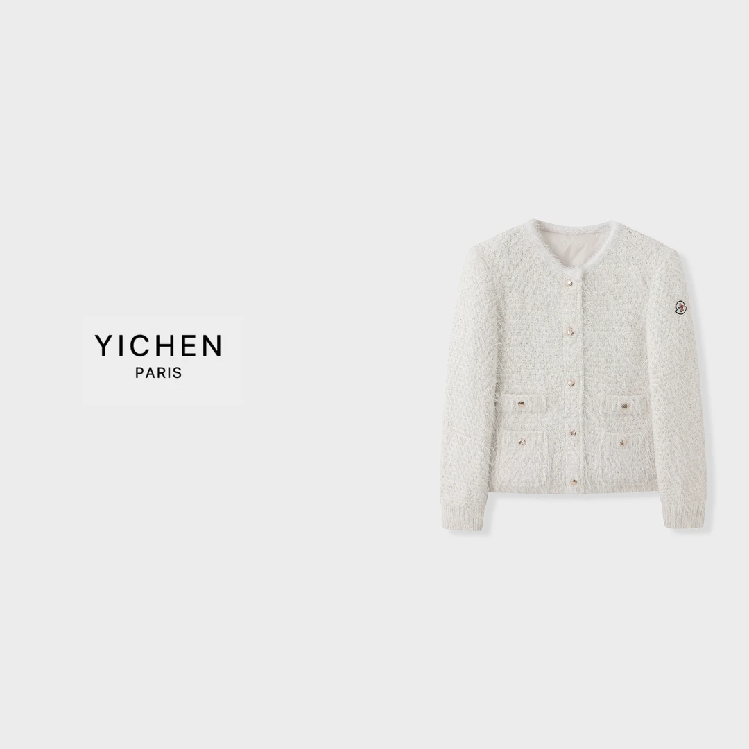 YC 珍珠白流苏编织单排扣拼接款羽绒外套-4101