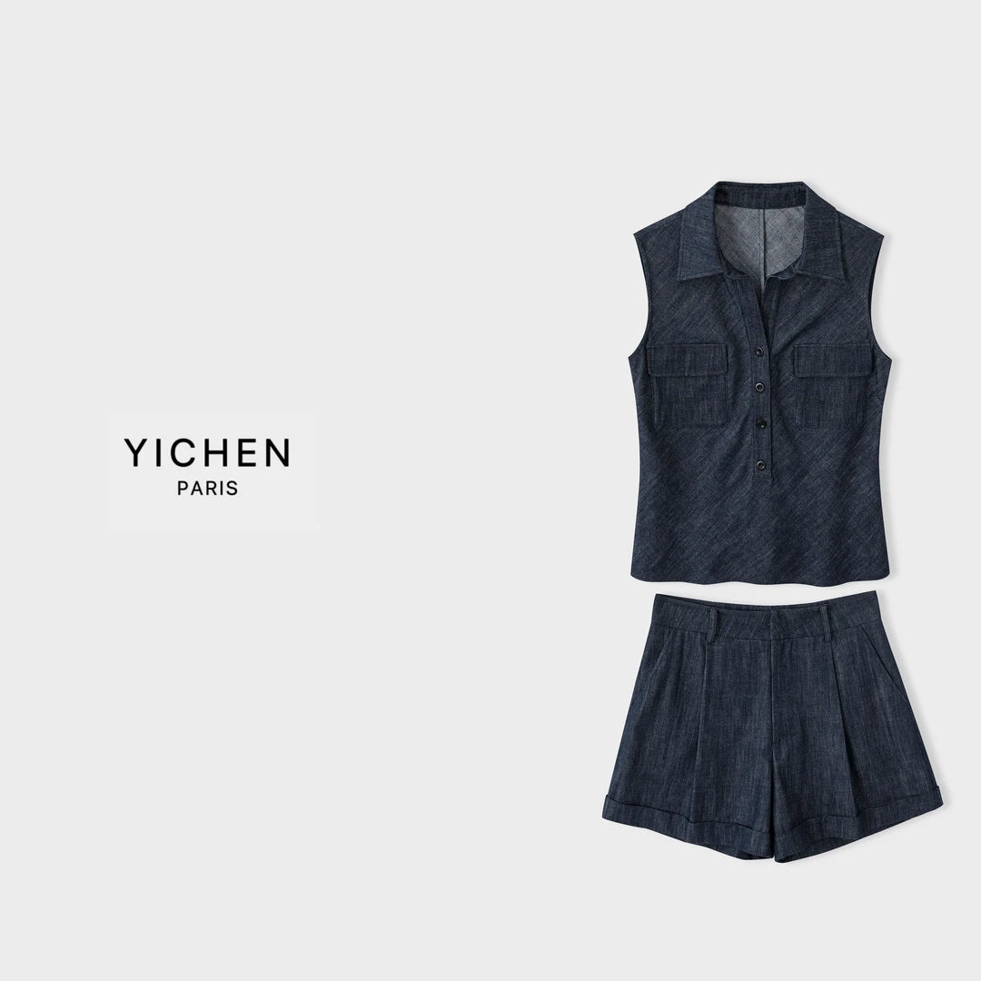 YC 深蓝色牛仔翻领双口袋收腰无袖背心/短裤-1627