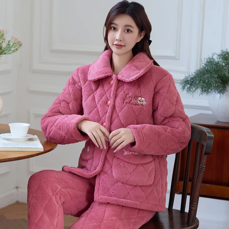 冬季中老年睡衣女珊瑚绒三层夹棉加厚加绒奶奶套装老人保暖家居服