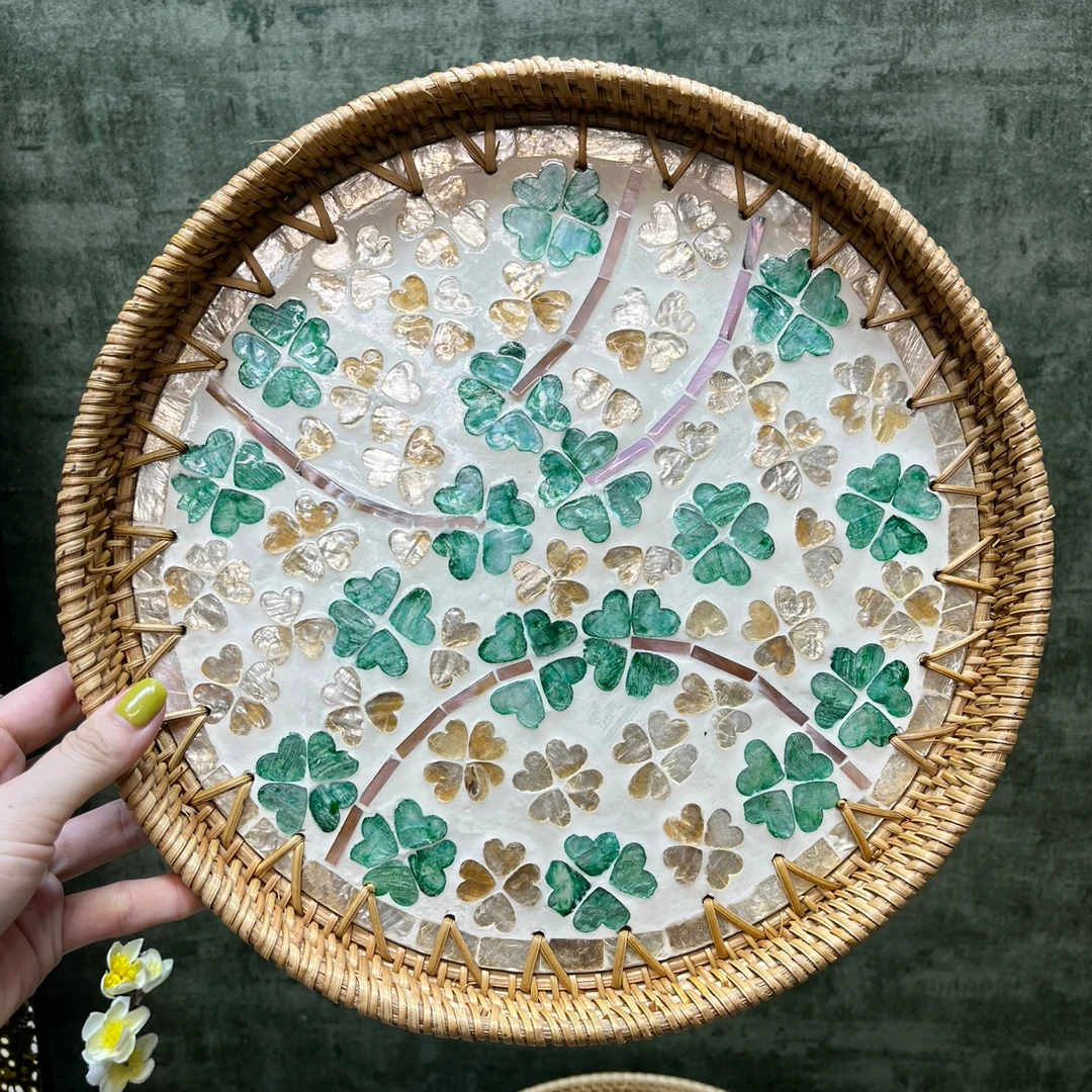 BL买一送一四叶草藤编贝壳托盘