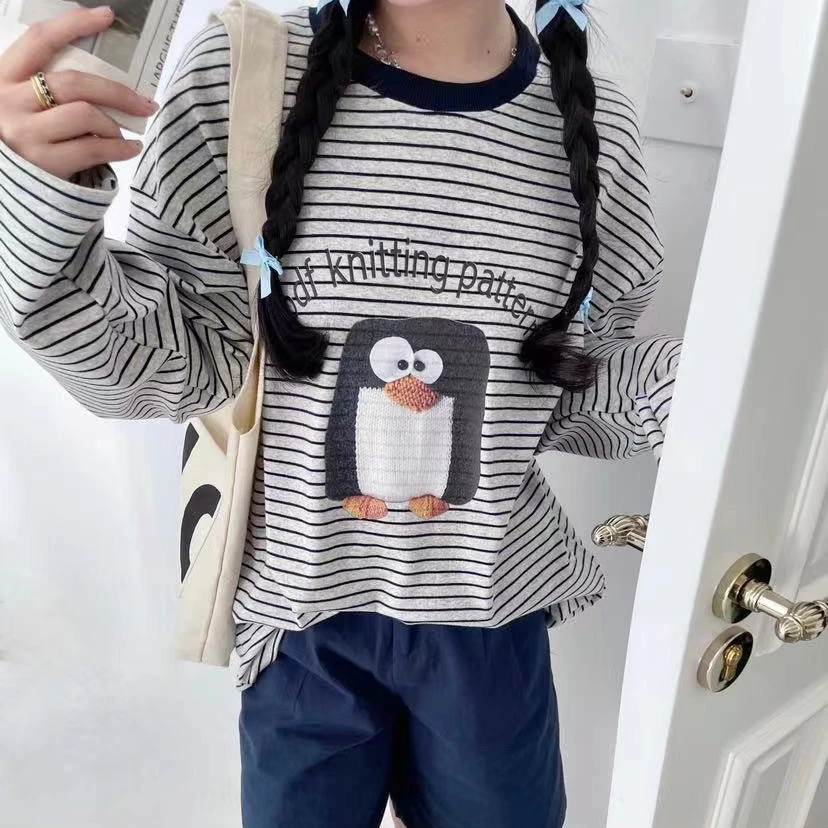 自留韩系东大门高弹面料软糯条企鹅长袖t恤（可穿180斤）