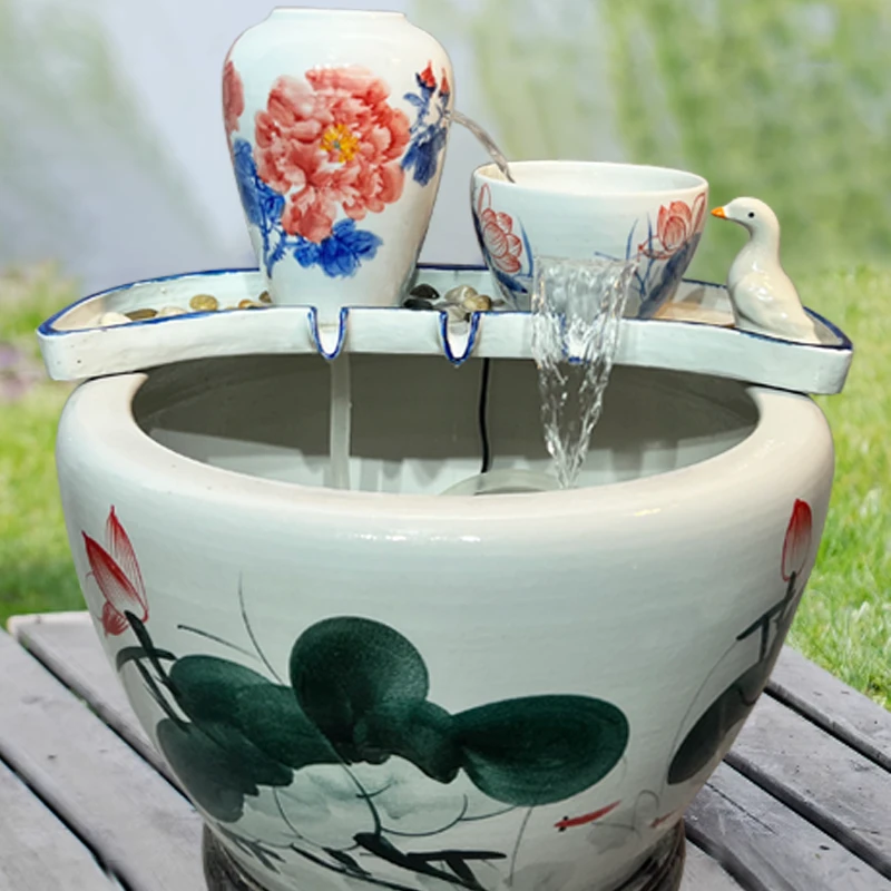 古法缸养鱼流水瀑布增氧循环流水陶罐复古庭院摆件装饰水培盆室外