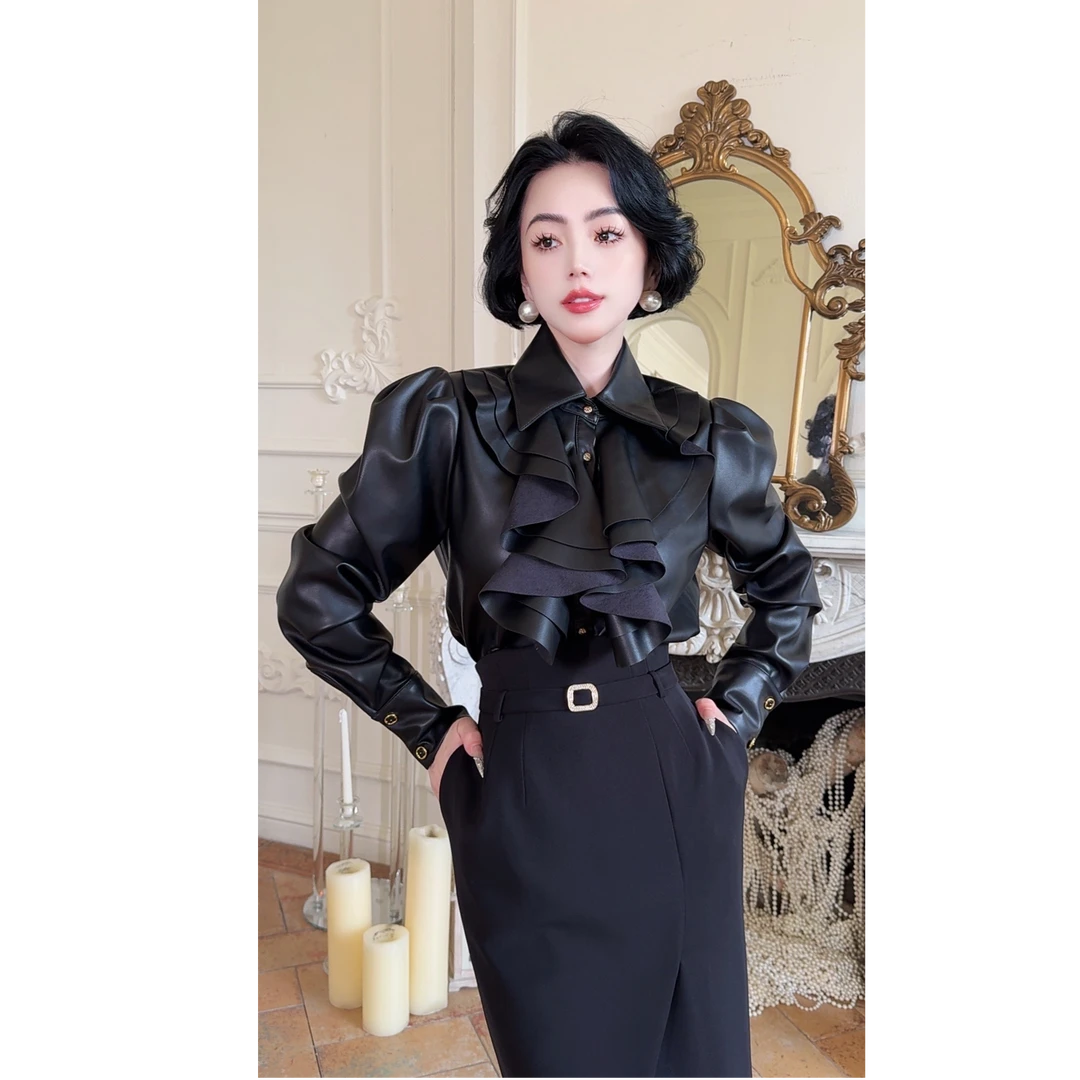 LXYJ【奥法塔庄园】秋冬法式复古环保皮衬衫10675