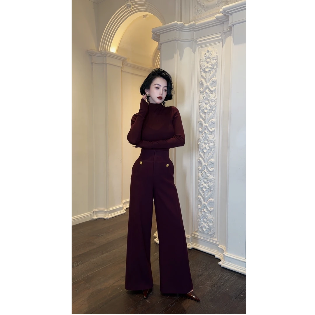 LYXJ【暮秋紫调】秋冬设计感高腰气质金扣直筒裤11475