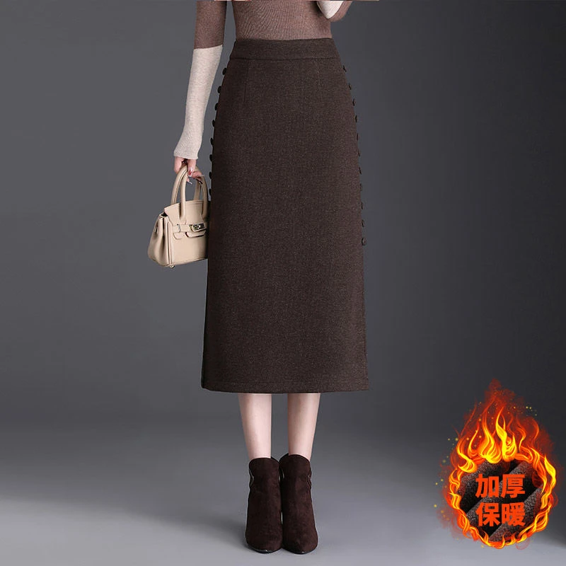 醋酸羊毛呢直筒半身裙女秋冬2025新款小个子遮胯显瘦开叉包臀裙厚
