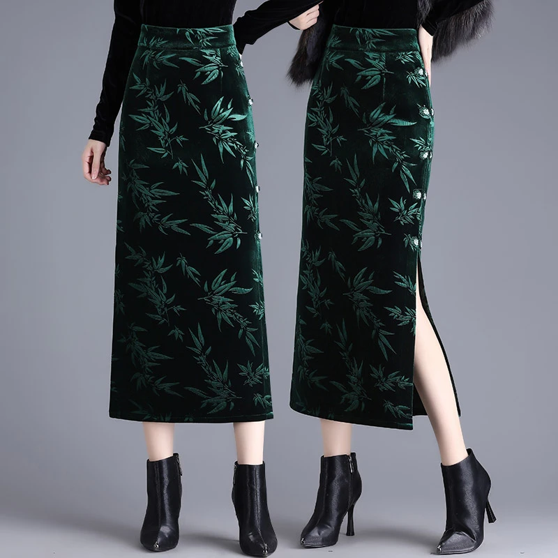 金丝绒包臀半身裙女秋冬2025新款中长显瘦新中式国风妈妈旗袍裙