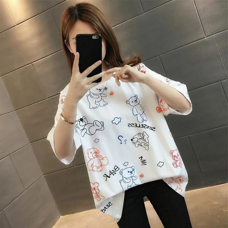 歌君短袖t恤女宽松版印花简约时尚百搭2025新款韩版半袖体恤衫ins