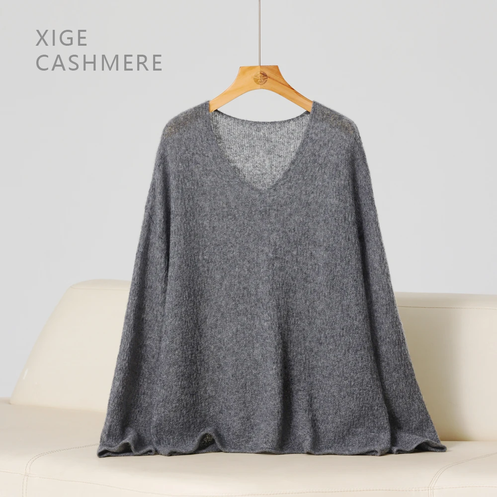 沿海【叠云】喜歌 女士百搭长袖针织衫V领时尚蚕丝山羊绒上衣 7510