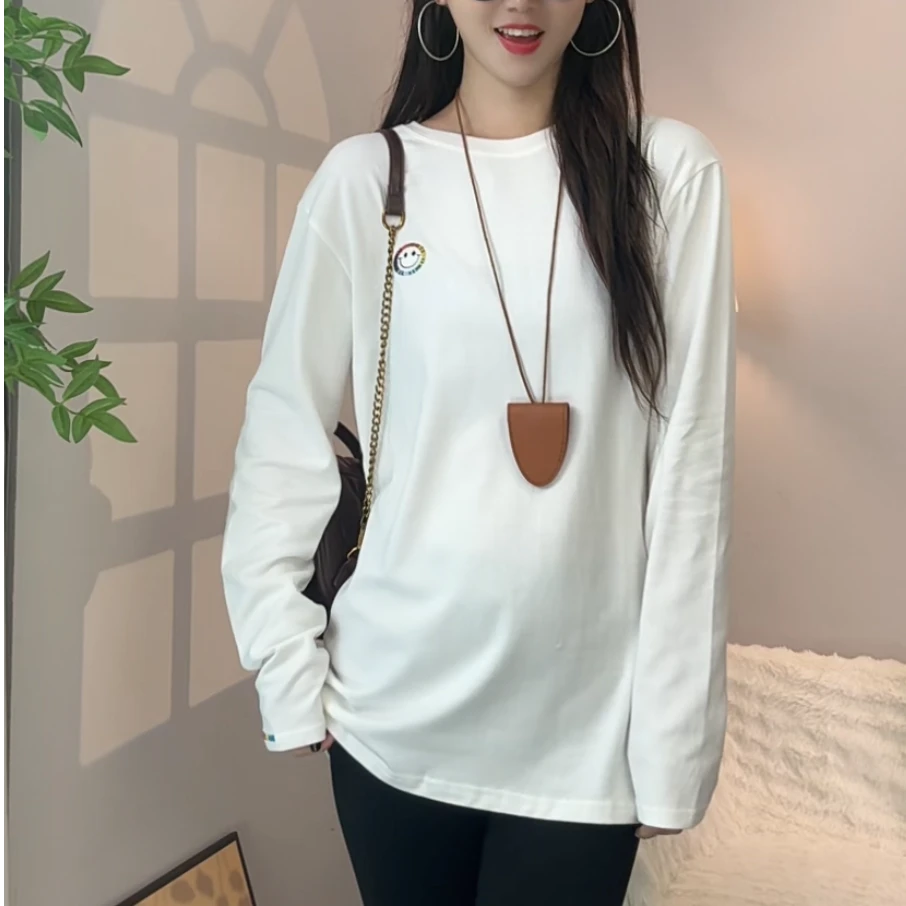 秋冬新款款长T恤笑脸时尚休闲百搭女士韩版宽松简约小众洋气网红