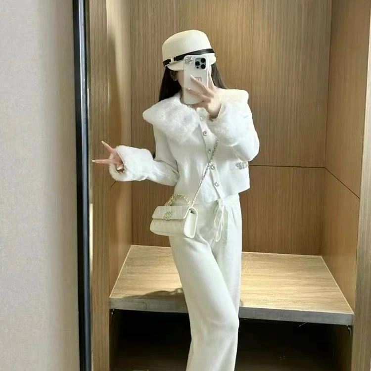 秋季可拆卸毛毛领水钻字母开衫女气质名媛辣妹短款毛衣外套洋气