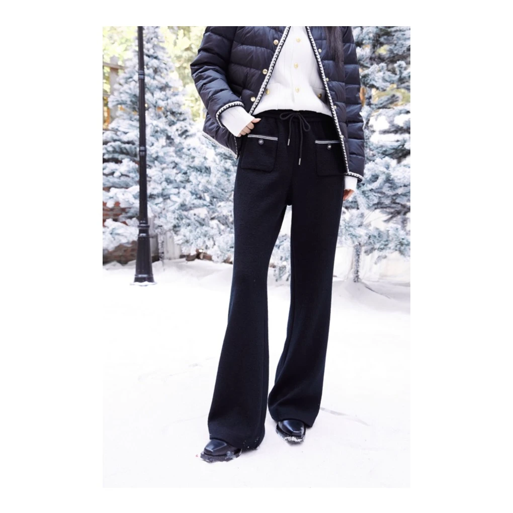 Chester charles黑色毛呢小香风喇叭长裤