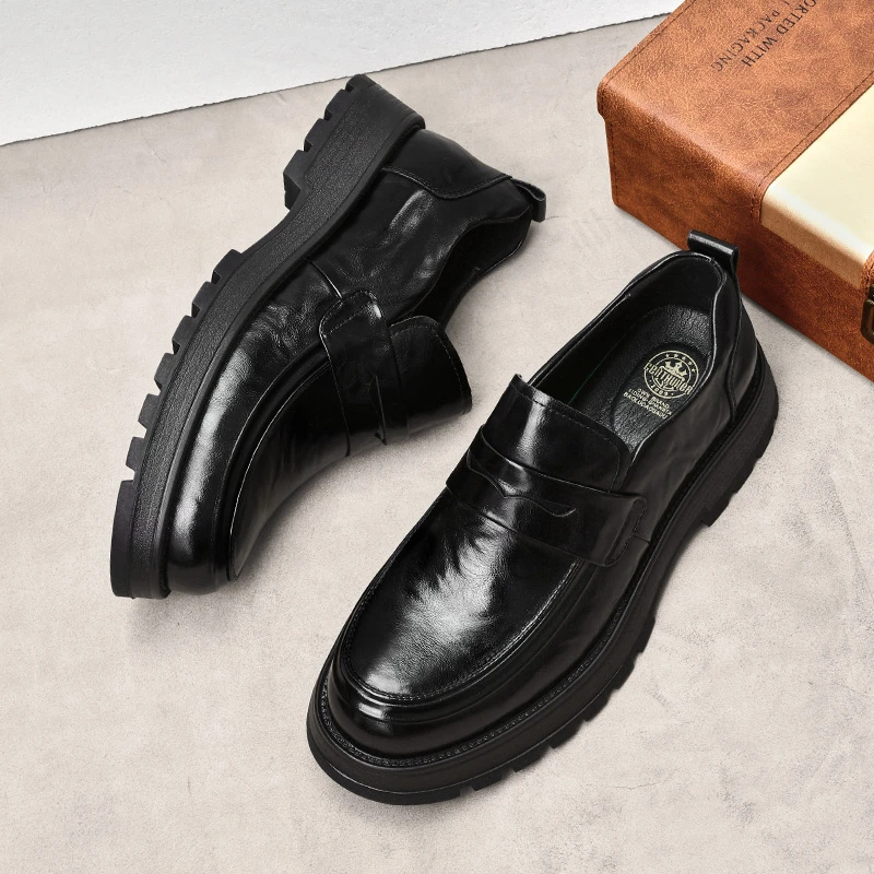 1619男士皮鞋一脚蹬乐福鞋超轻EVA底厚底增高百搭圆头德比鞋