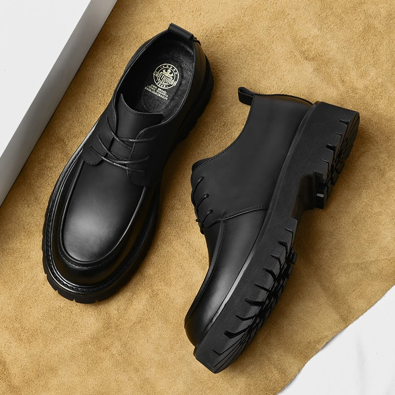6873男士休闲皮鞋四季时尚百搭英伦青年黑色厚底大头增高低帮男鞋