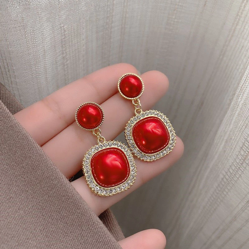 合金耳饰 方形红色耳环新款潮长款气质高级大气网红本命年耳饰女