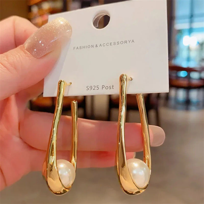 复古金属冷淡风珠珠耳环女设计感U形小众高级感新款金色耳坠耳饰