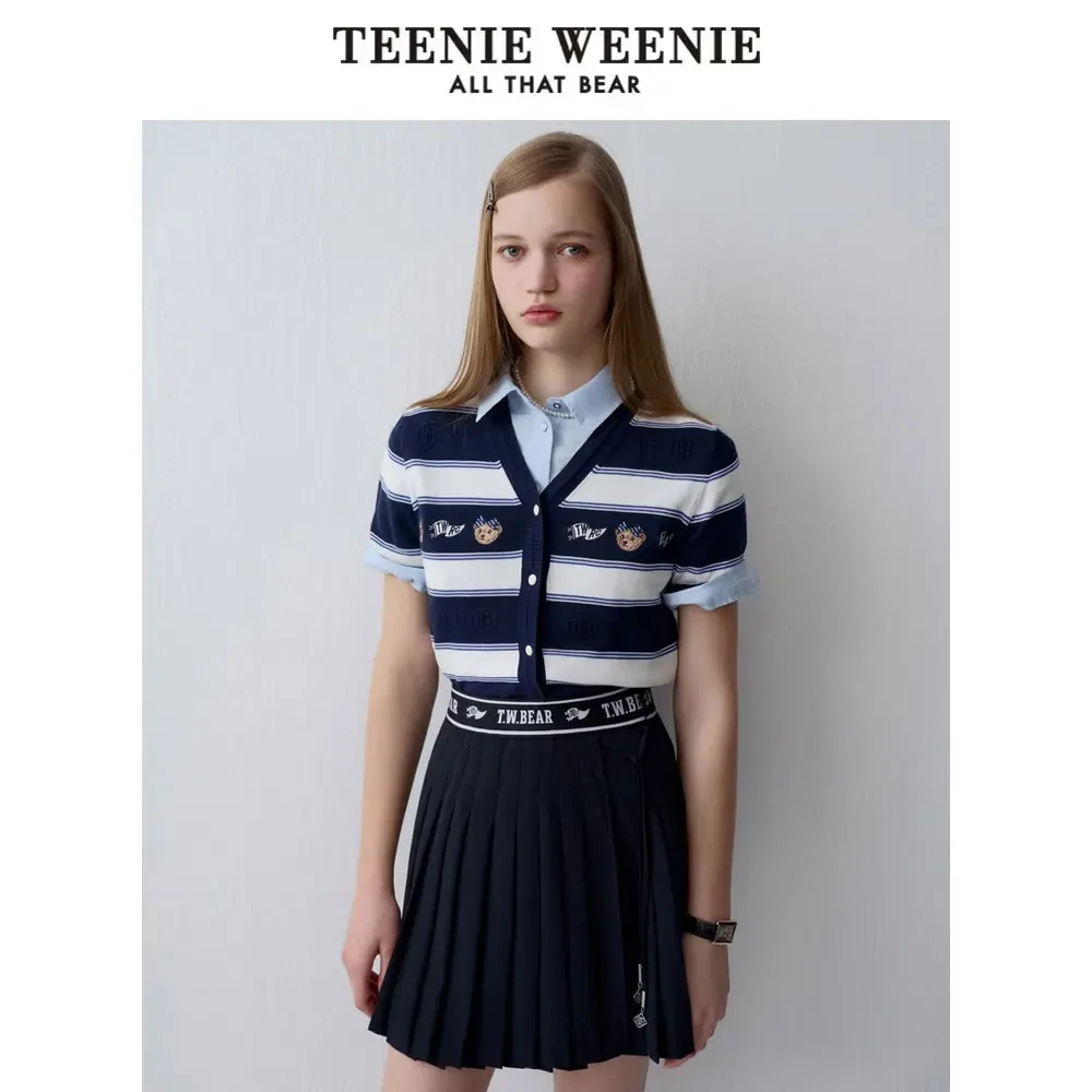 TeenieWeenie小熊24个性条纹V领针织开衫短袖毛衫女TTCK242502P