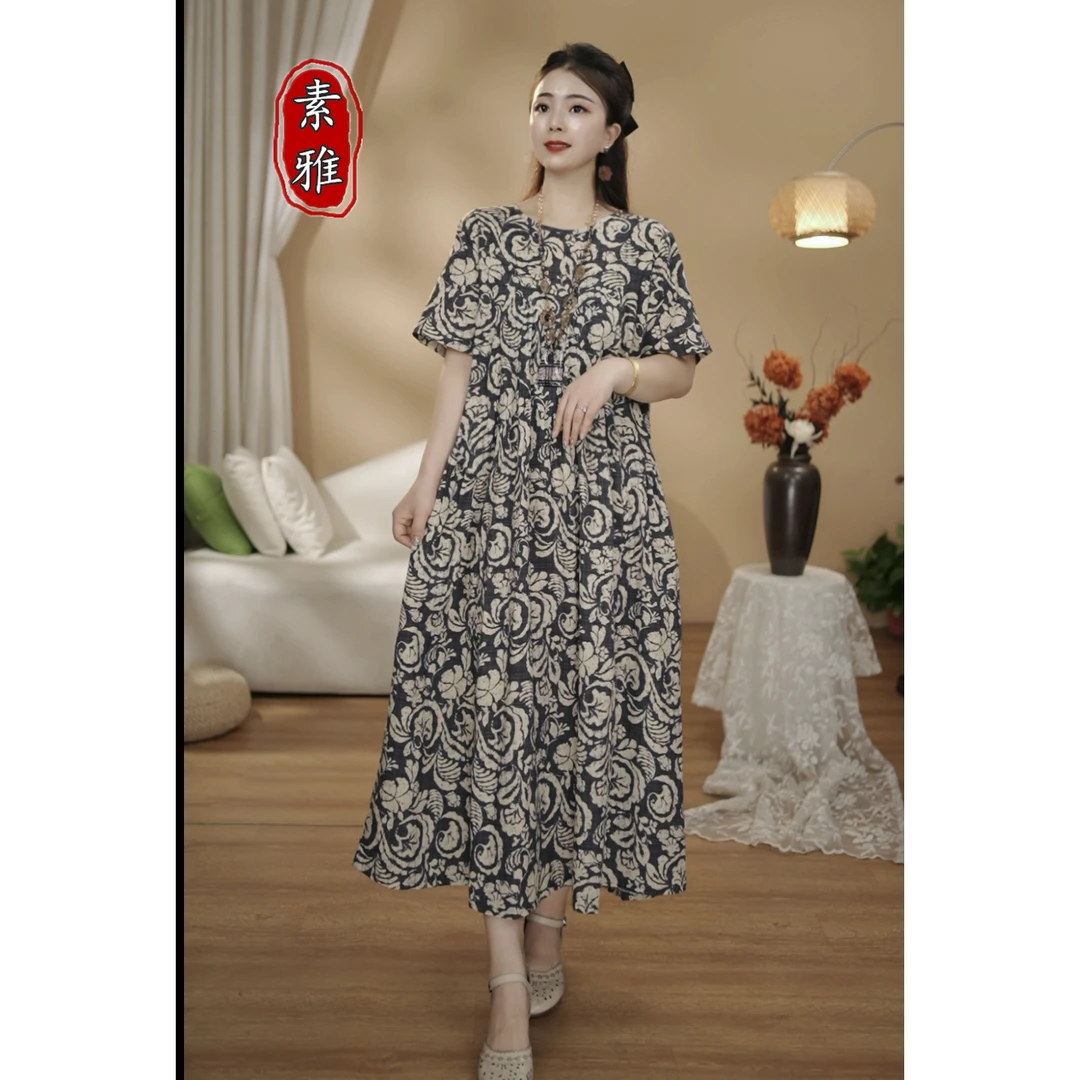 【素雅】夏季新品连衣裙宽松显瘦大板休闲棉麻印花气质洋气长裙A138