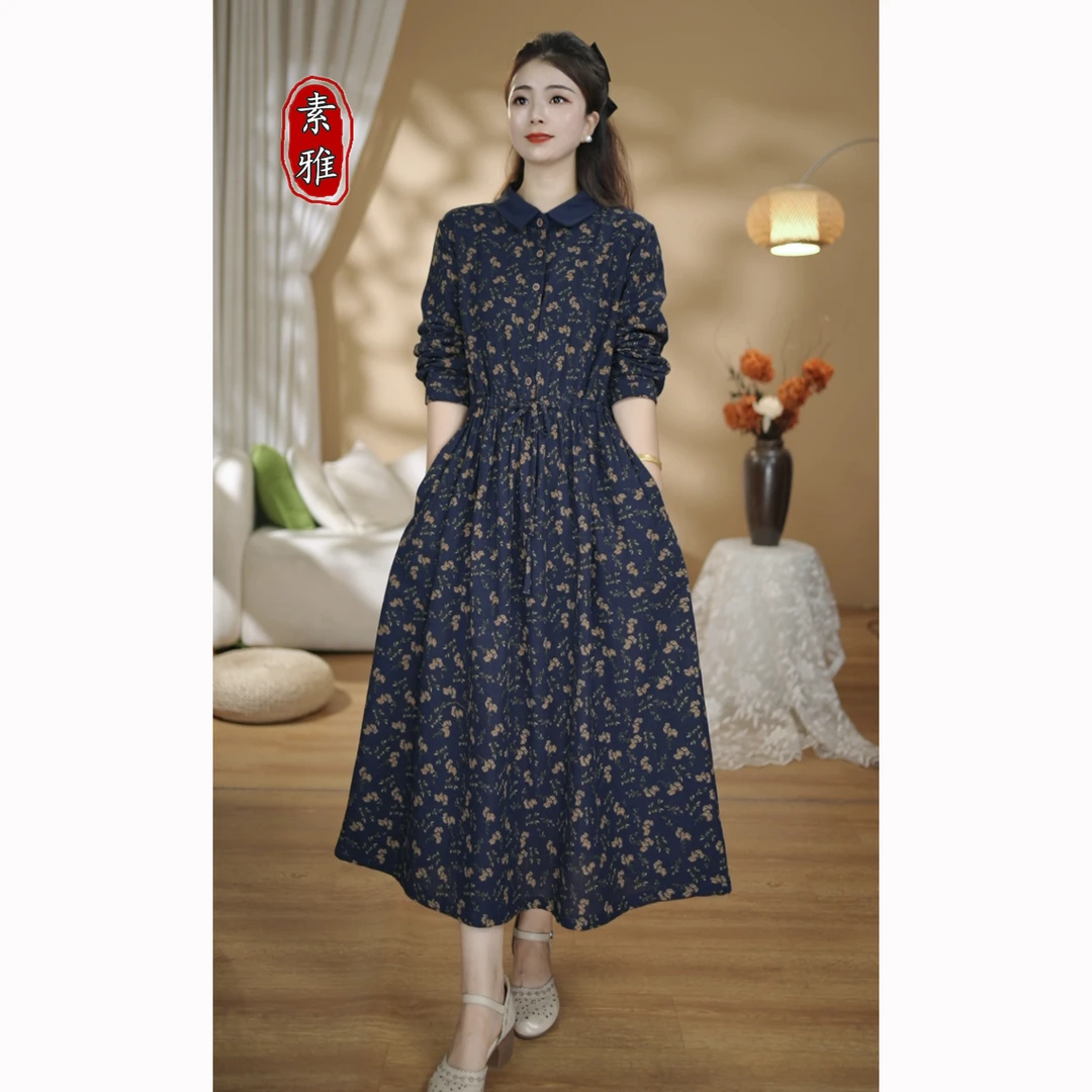 【素雅】春季新款高档长款印花宽松收腰显瘦门禁带扣连衣裙长裙B036