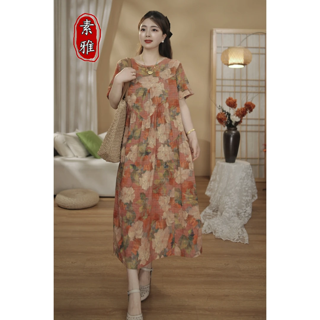【素雅】夏季新品连衣裙宽松显瘦大板拼接休闲棉麻印花洋气长裙116