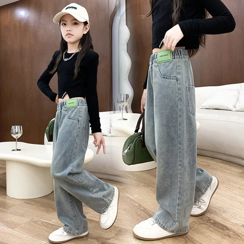 女童洋气百搭春季韩版秋季牛仔裤裤子春秋显瘦阔腿裤高腰直筒宽松